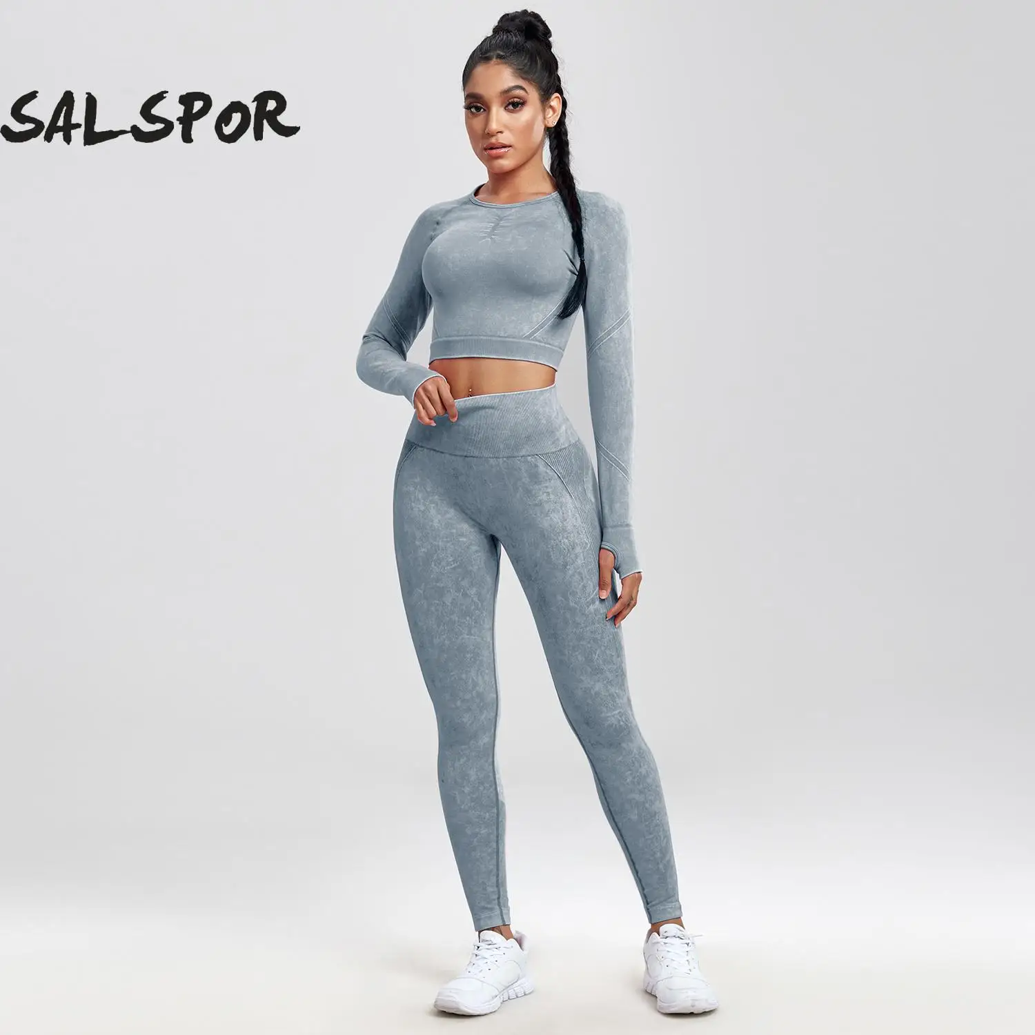 SALSPOR 2PCS Women Yoga Suit Wash Seamless Sport Set Long Sleeve Fitness Shirt with Butt Lift Workout Legging Elastic Gym Wear