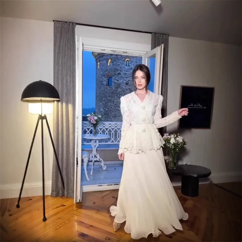 

Ivory Lace Women Suit Skirt Set 2 Pcs Blazer+Prom Dress Full Sleeve Long Robes Formal Pageant Party Wedding Tuxedos Evening Gown