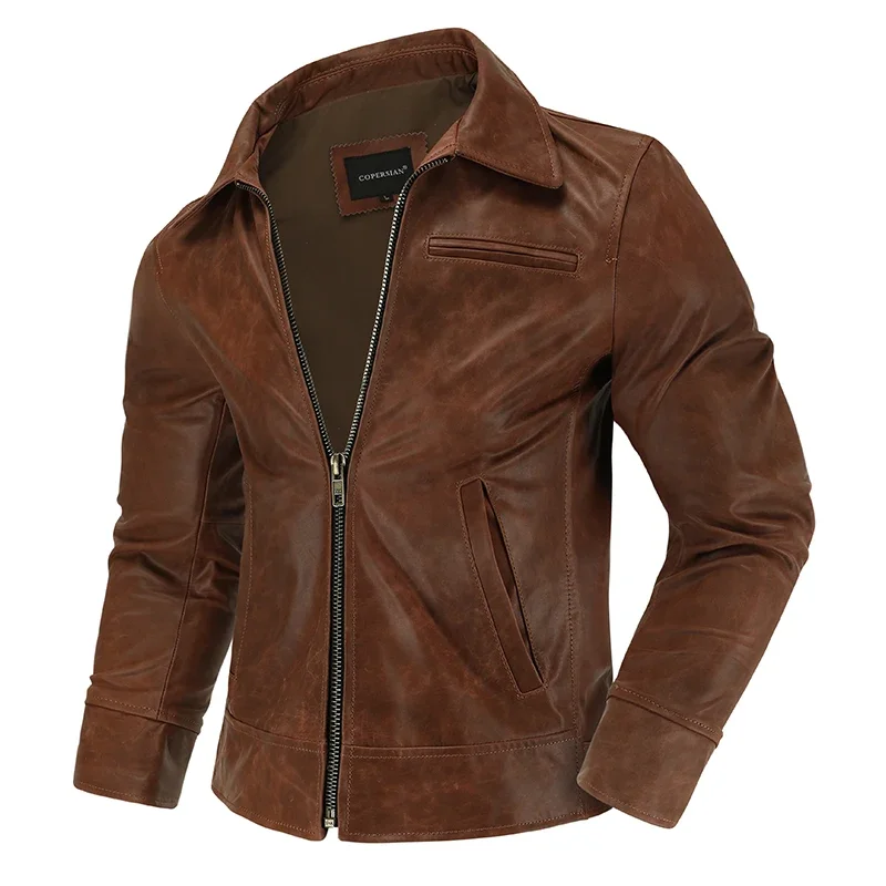 

First Layer Cowhide Waxed Leather Tuxedo Motorcycle Leather Jacket Men's Biker Jacket Slim Lapel Short Coat