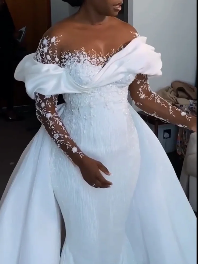 Vestido De novia De sirena De lujo con cuello redondo, vestido De novia africano De manga larga con apliques De encaje en la espalda, Vestidos De novia De Dubái