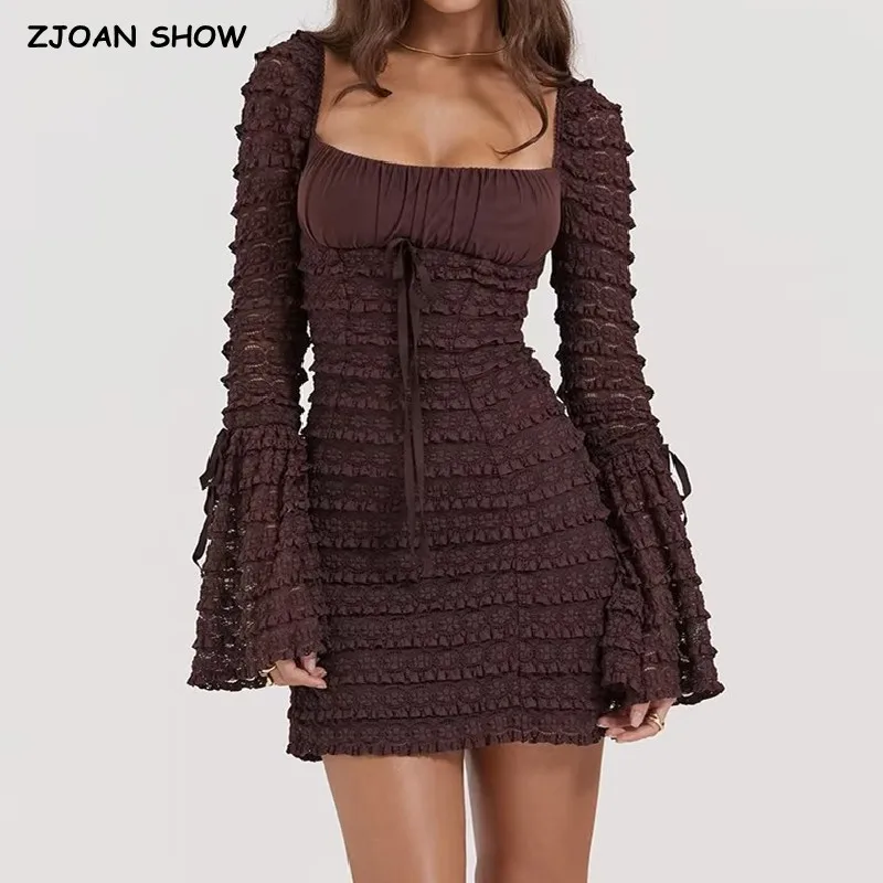 Sexy orecchie di legno a strati in pizzo Flare manica lunga Mini abito donna fiocco petto corsetto stile pacchetto fianchi Backless Party Mini Robe