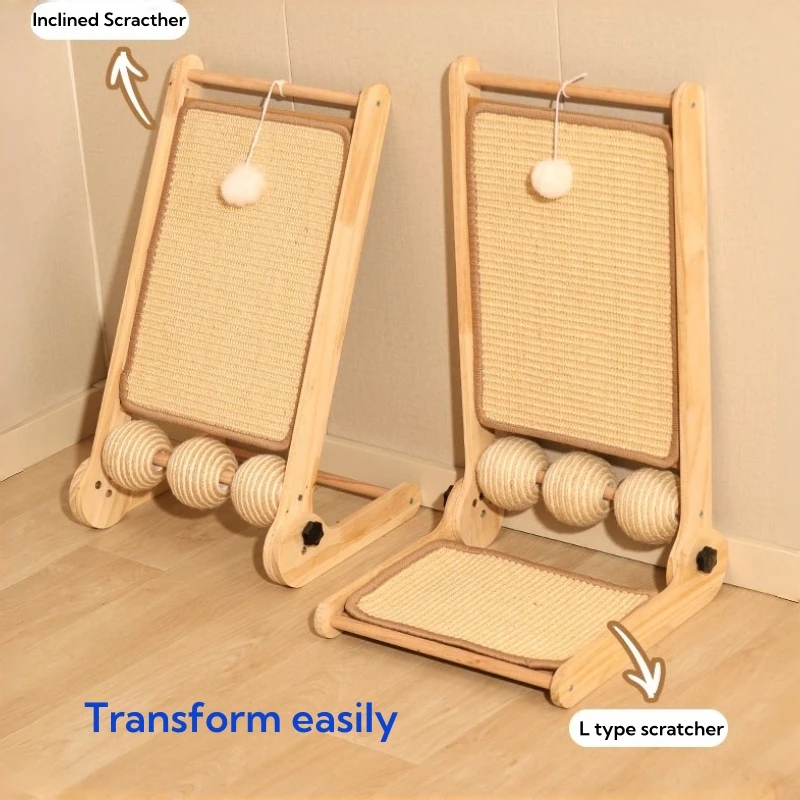 Natural Wood Cat Scratcher, 3 Modes Transformable Sisal Cat Scratching Pad, Durable Cat Play Furniture