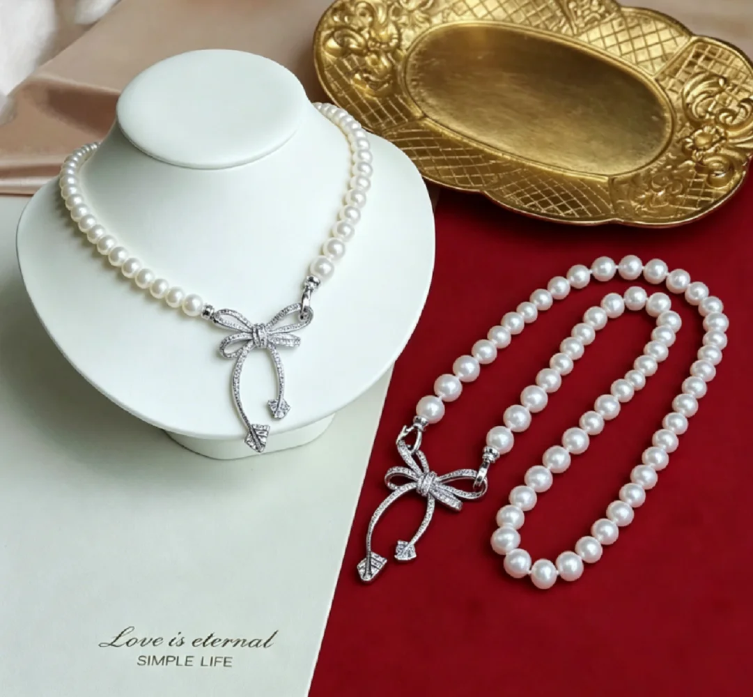 Fresh and elegant/necklace AAAA7-8mm/8-9mm natural  white pearl necklace18 in  butterfly clasp, can be used as a brooch
