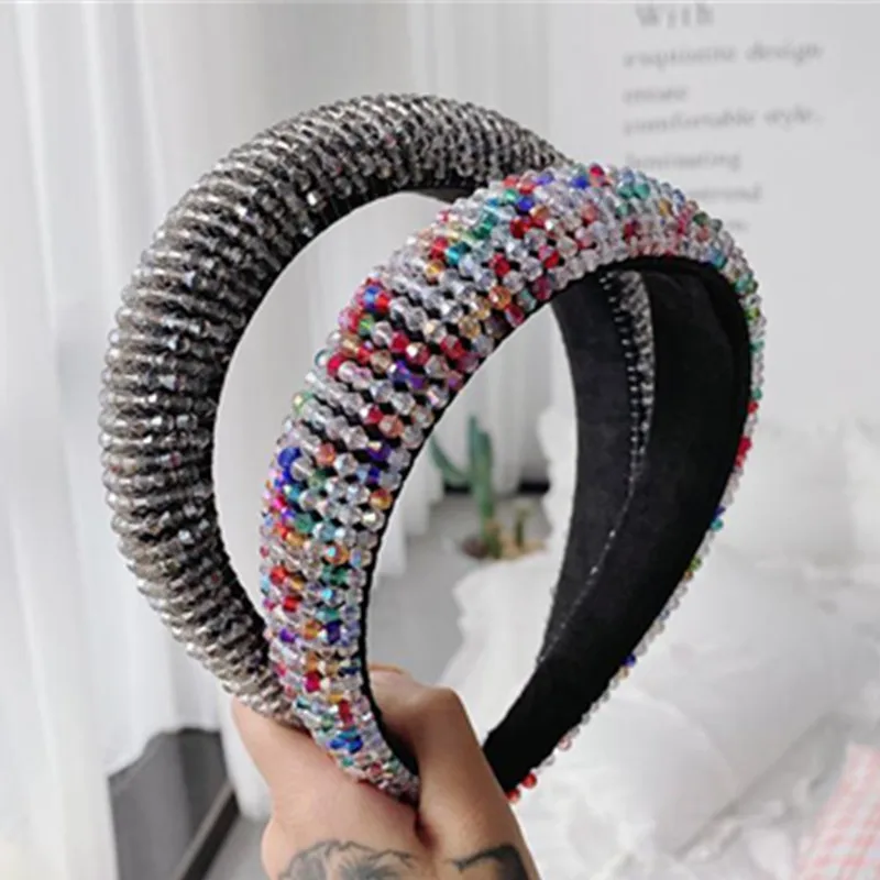 Shiny Crystals Padded Headband Thick Women Hair Ornament Spong Inside High Hairband Adults Party Headdress Shiny Headband