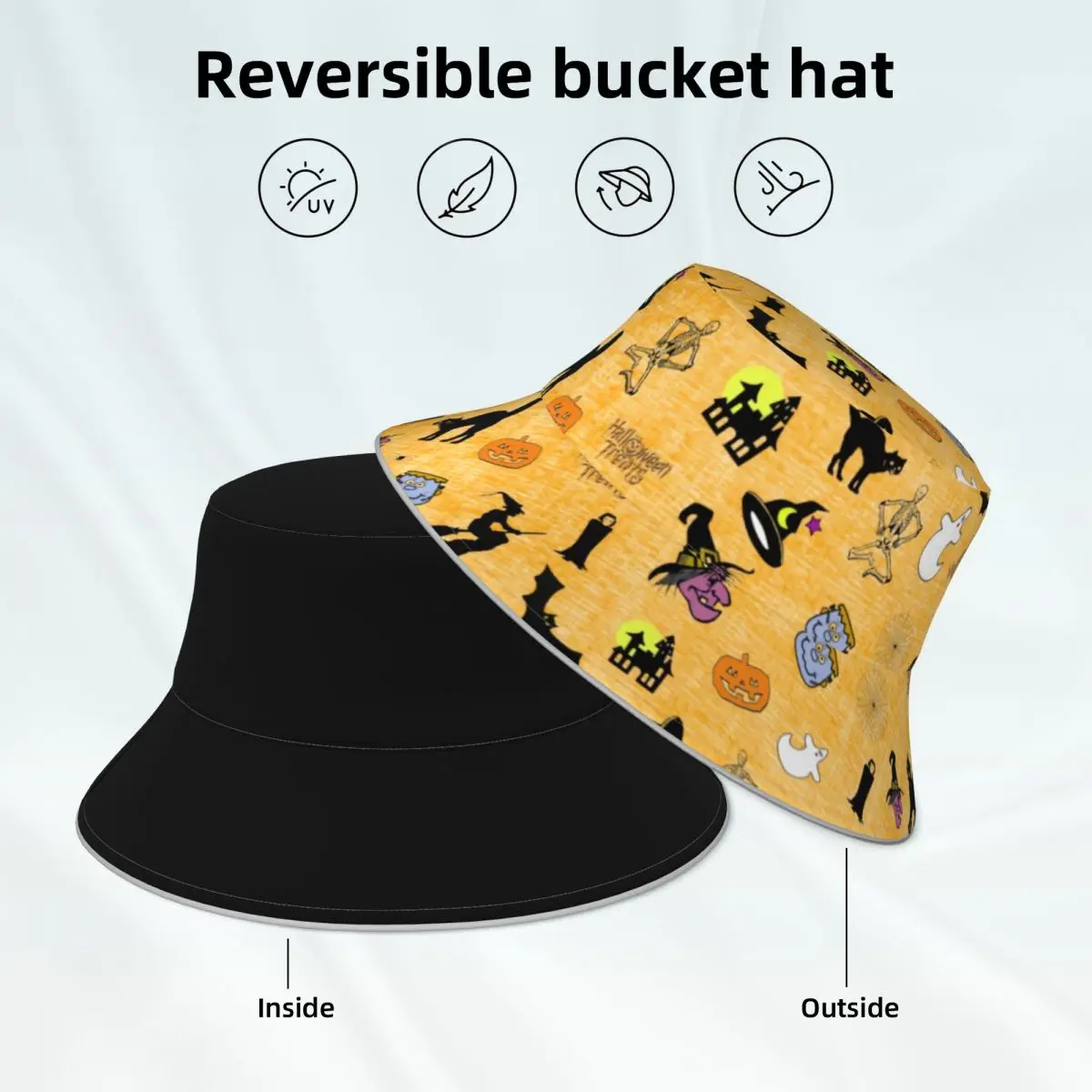 Black Cat Print Bucket Hat Happy Halloween Printed Outdoor Fisherman Hats Double-sided Wear Fashion Reflective Sun Hat