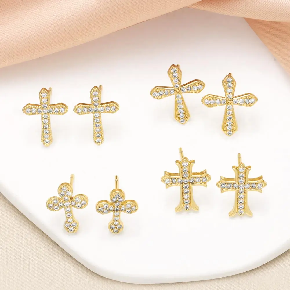 FLOLA Catholic Crystal Cross Stud Earrings for Women Clear Crystal Blessed Cross Ear Studs Small Jewelry Gifts ersa369