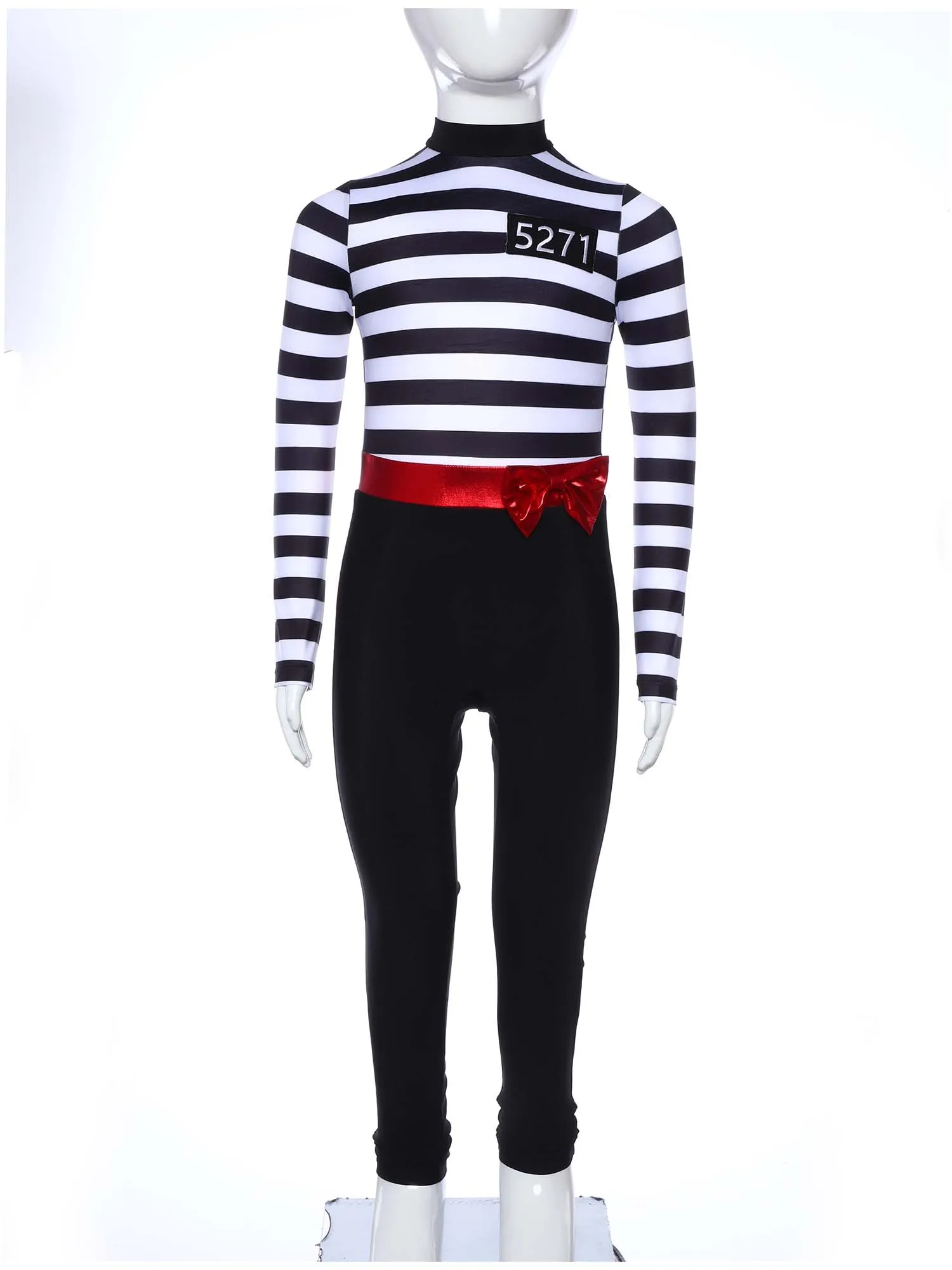 

Kids Girls Long Sleeve Striped Prisoner Jumpsuit Halloween Theme Party Jailbird Convict Criminal Cosplay Performance Costume