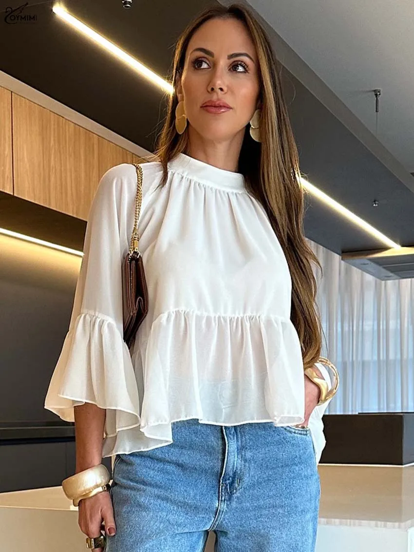 Oymimi Fashion White O-Neck Women's Shirt Elegant Puff Sleeve Loose Blouses Casual New Ruffled Button Blouses Female Clothing