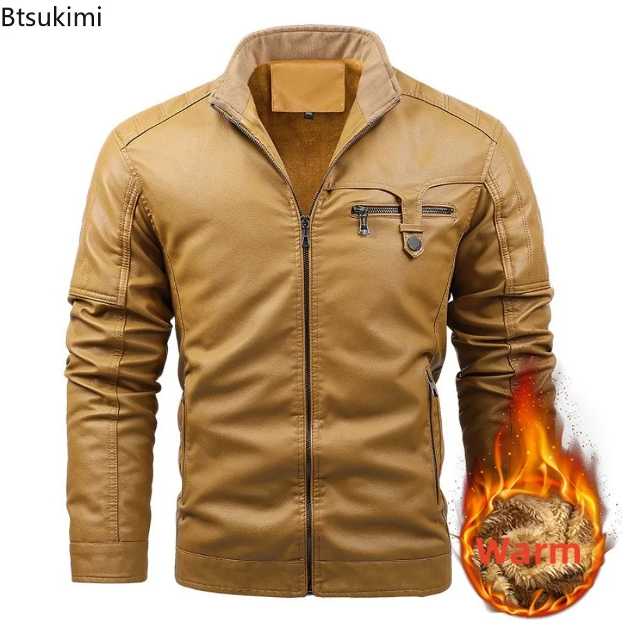 New Fashion Men's Stand Collar PU Leather Jackets Autumn Winter Thicken Warm Leather Coats Man Outdoor Motorcycle Riding Clothes