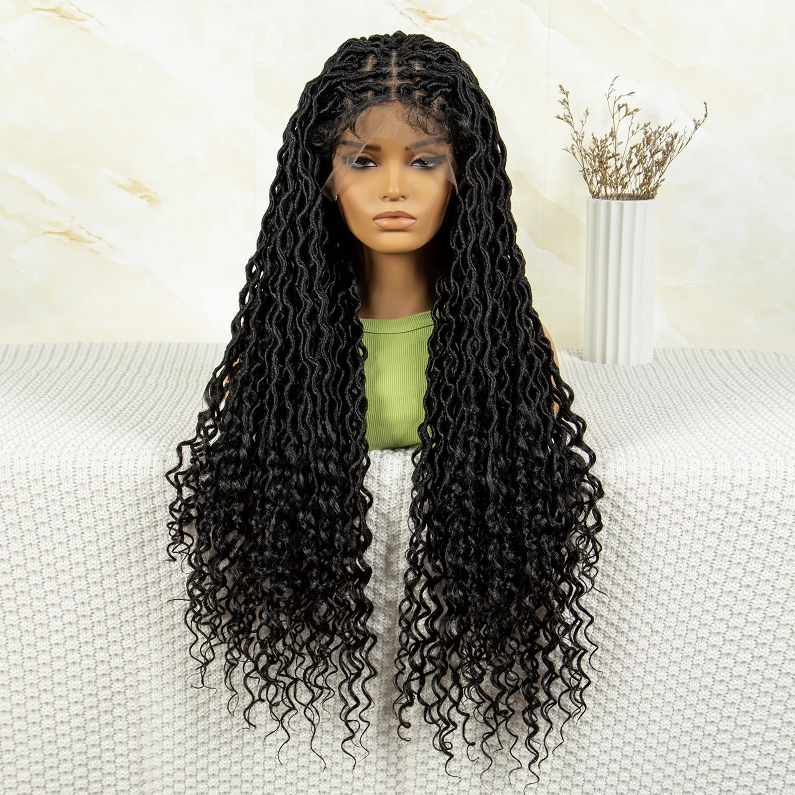 Lace Front Dreadlock Braided Wigs with Baby Hair for African Women Knotless Square Wigs Synthetic 32 In Box Braided Curly Wigs