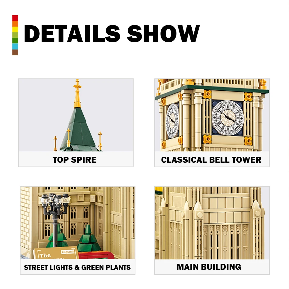 1095 Uds. MOC arquitectura de fama mundial Londres Big Ben bloques de construcción ciudad vista a la calle construcción DIY ladrillos juguete para regalo de niños