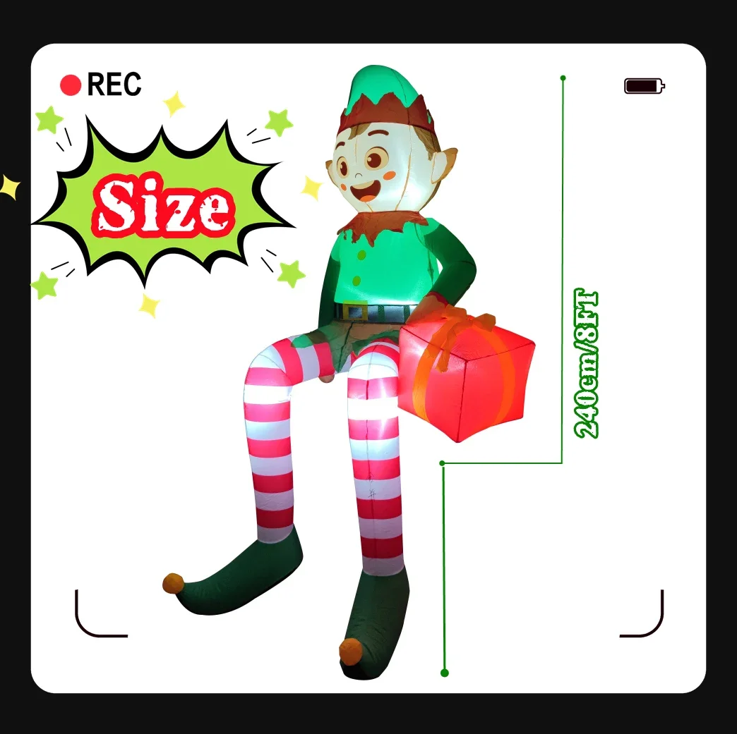 8FT Christmas Inflatable Trim Sitting Elf with Gift Bag Xmas Trim Built-in LED Light For Party Garden Yard Outdoor Xmas Decor - view 6