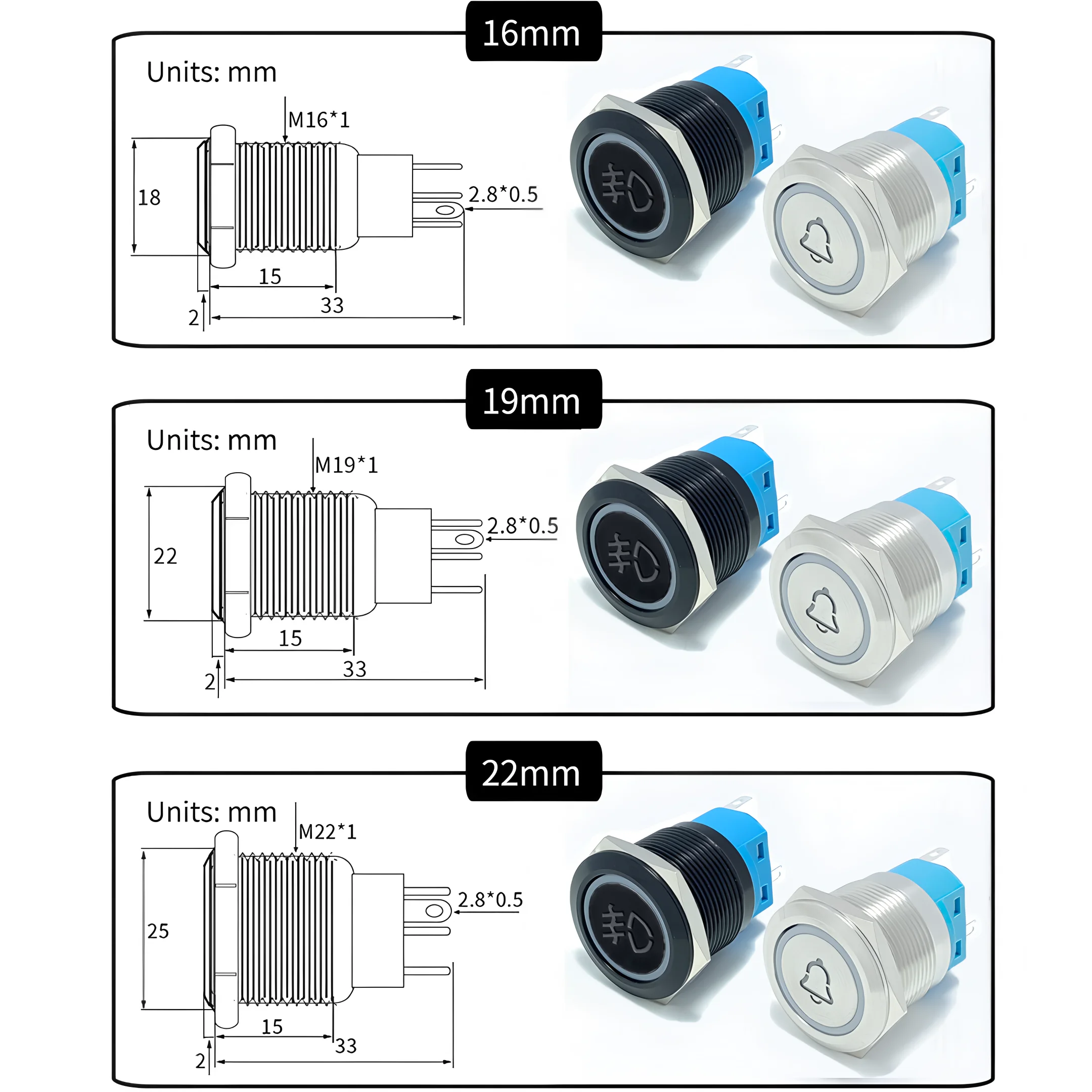 Custom Metal Push Button Switch 16mm 19mm 22mm Black Laser Luminous Waterproof Momentary Latching 12V 24V Motorcycle Car Switch