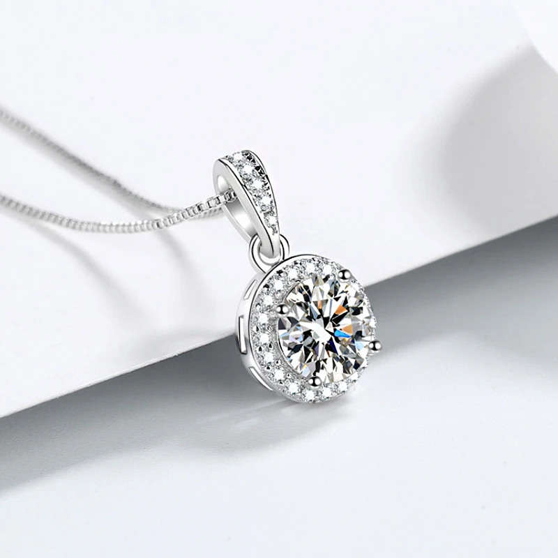 Nowa moda 925 Sterling Silver Fine Round AAA Zircon Wisiorek Naszyjniki Biżuteria damska Rhinestone CZ Łańcuch obojczyka Prezent urodzinowy — zdjęcie 5