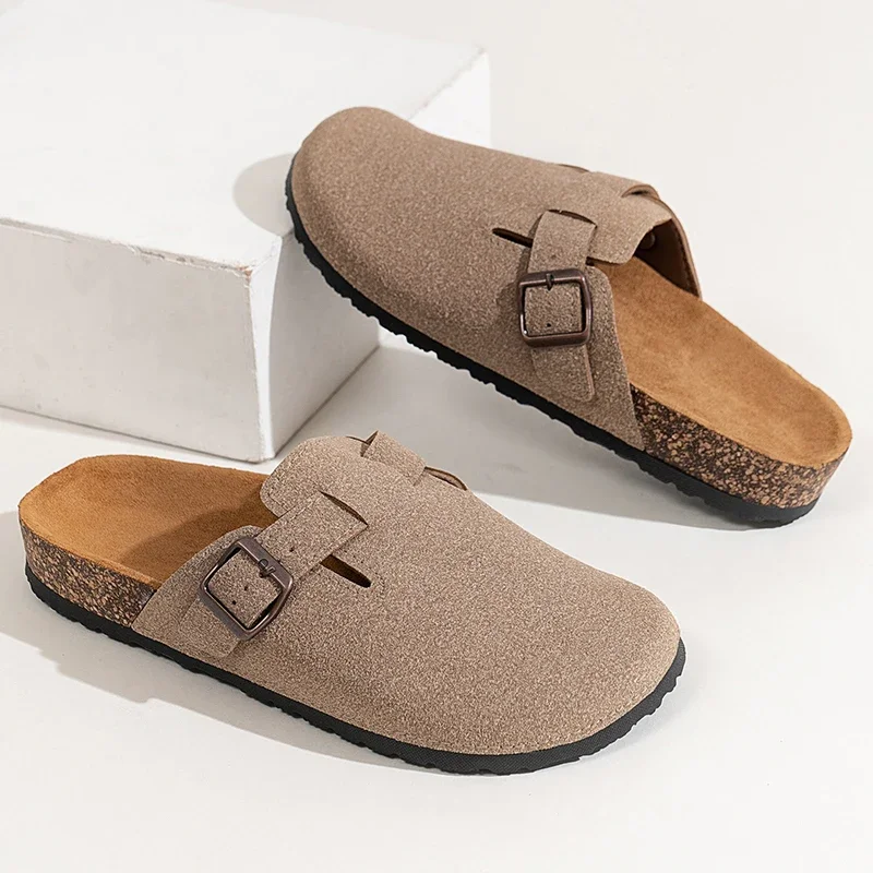 Zuecos de gamuza de vaca para hombre con hebilla ajustable, mulas de cuero de corcho, cómodas zapatillas sin cordones para mujer, zuecos de corcho para exteriores