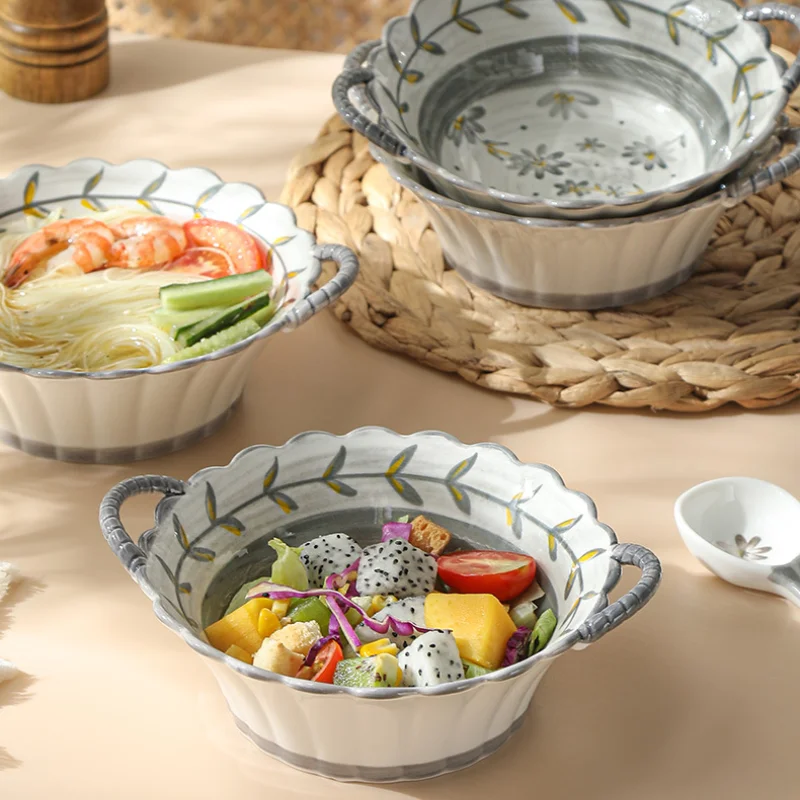 6.8Inch Hand-Painted Household Noodle Bowl Ceramic Soup Bowl Japanese Salad Pasta Bowl with Handle Kitchen Tableware