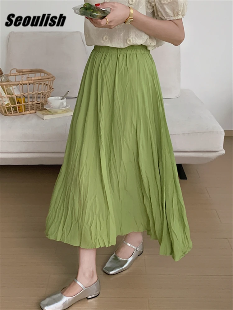 

Seoulish Spring Summer Solid Pleated Women's Mi-long Skirts 2022 New High Waist Country Style Umbrella A-Line Skirts Female