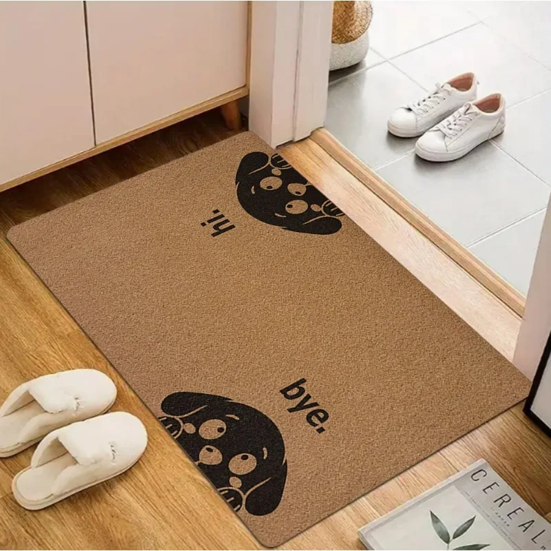 Alfombra con estampado de perro de dibujos animados, alfombra antideslizante para entrada, alfombra para puerta con letras Hi Bye, decoración del hogar, uso interior y exterior, estilo Retro a la moda