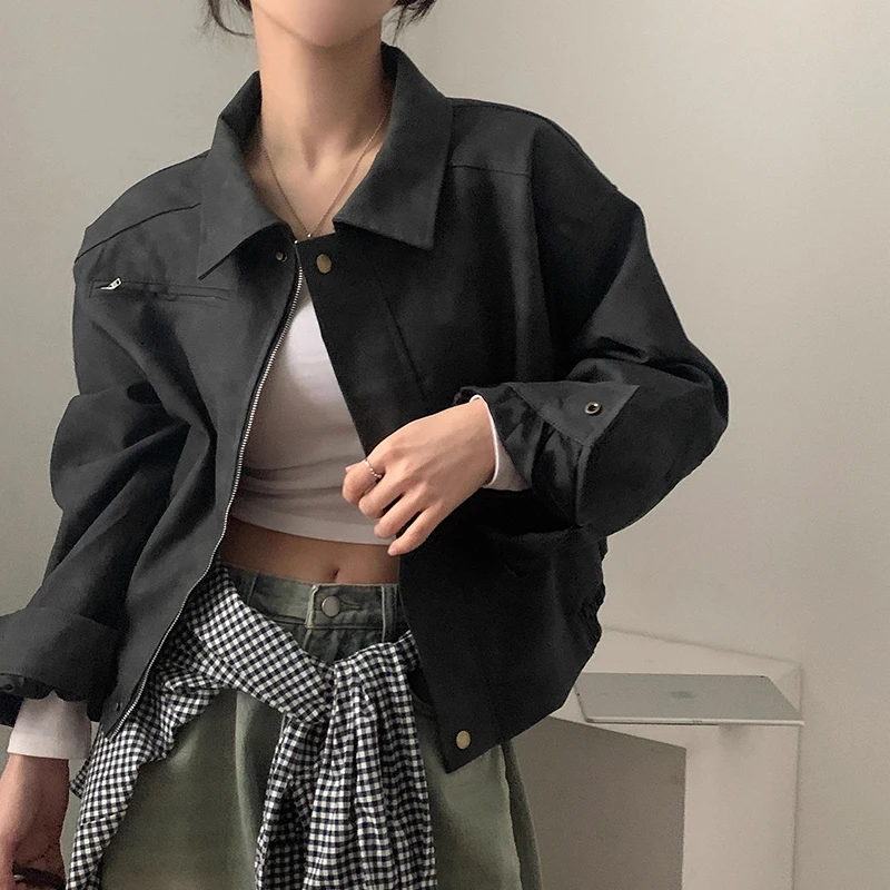 Chic Autunno Nuovo Vintage Allentato Casual Lungo Sve Pelle Scamosciata PU Jaet Cappotto da Donna Pendolarismo Sle Chiusura con Cerniera Tuta Sportiva