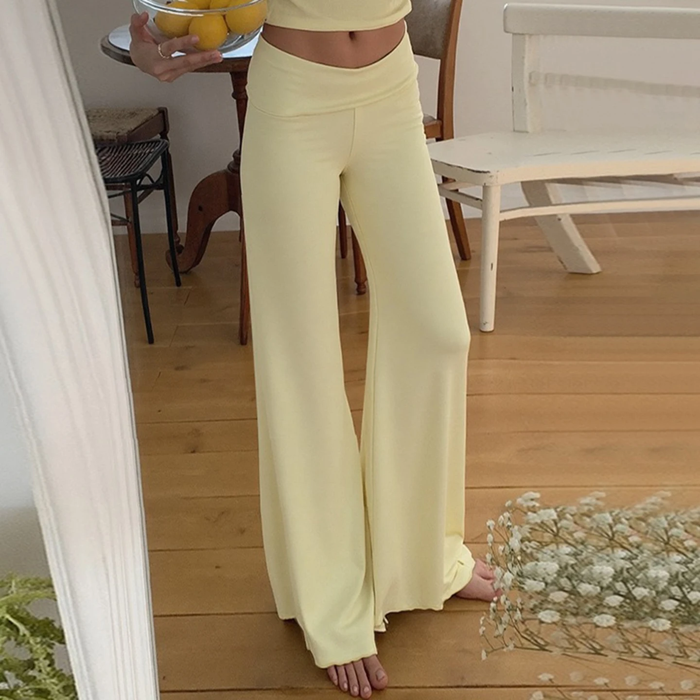 Slim Solid Stretchy Wide Leg Pants High Waisted Ruched Waist Flared Trousers Casual Comfortable Streetwear 2025 Summer Fashion