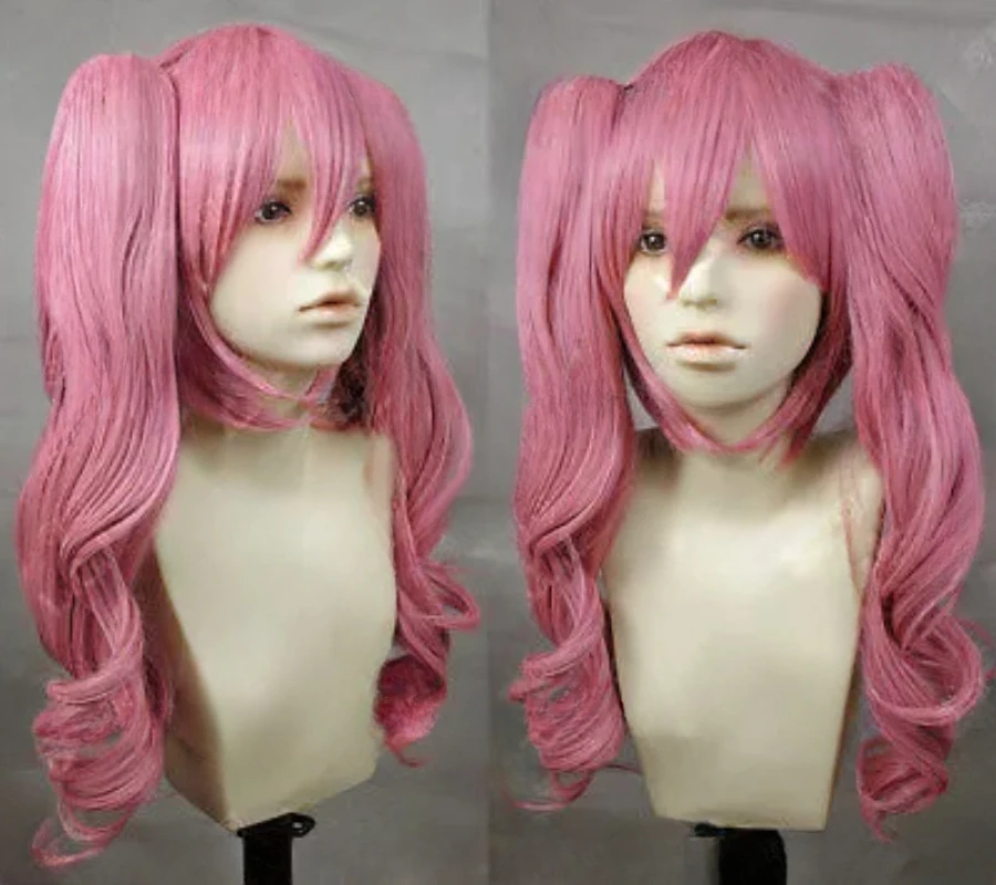 One Piece Perona Long Pink Curly Cosplay Wig + two Ponytail