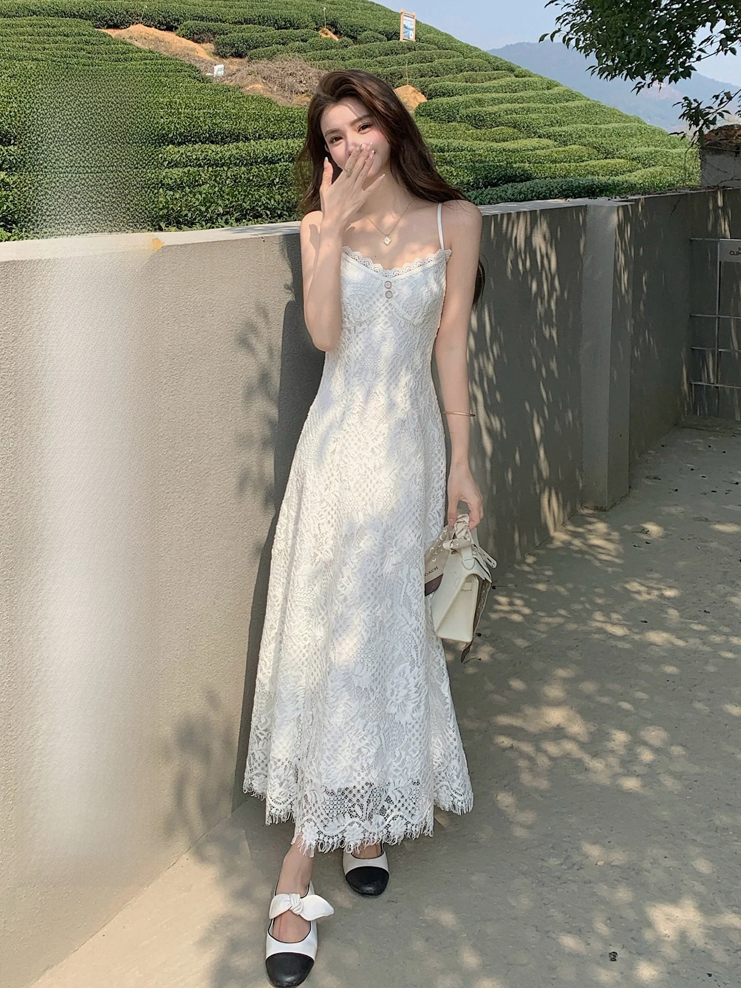 

Am Nana Gentle Wind Lace White Strapless Dress Summer Waist Cinched Fairy Atmosphere Slimming Long Skirt Women's Fashion