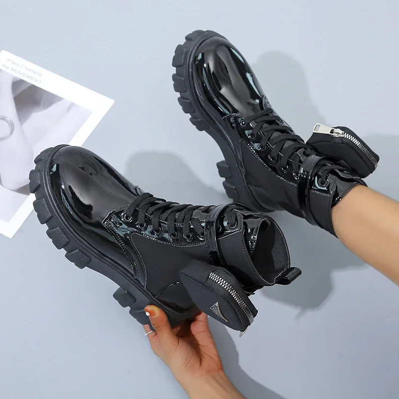 Women Boots New In Motorcycle Ankle Boots Wedges Female Lace Up Platforms White Black Leather Oxford Shoes Women Boots