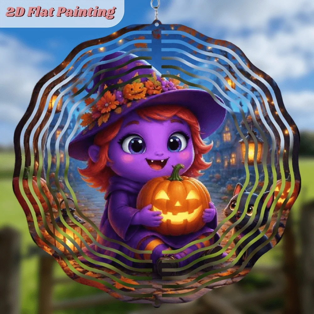 CIFBUY Cute Cartoon Little Witch Hold Pumpkin Wind Spinner Metal Hanging Ornament 3D Rotating Decor Outdoor Yard Garden Patio