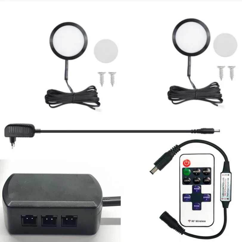 

Ultra-thin Dimmable 12V LED ceiling Lights Kit Black Cord Aluminum led Puck light Lamp for Kitchen Counter Closet Lighting