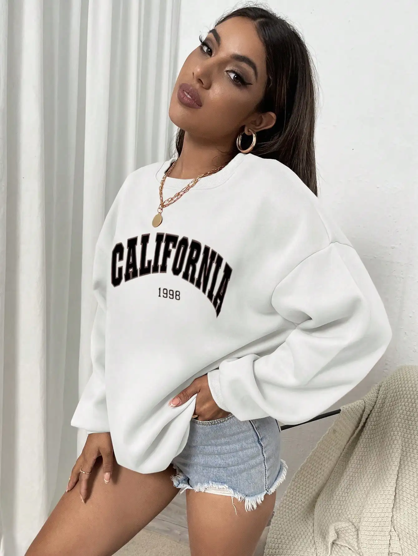 California 1998 Art Letter Design Female Clothes Comfortable Fleece Hoodies Sport New Pullovers Crewneck Fashionable Sweatshirts