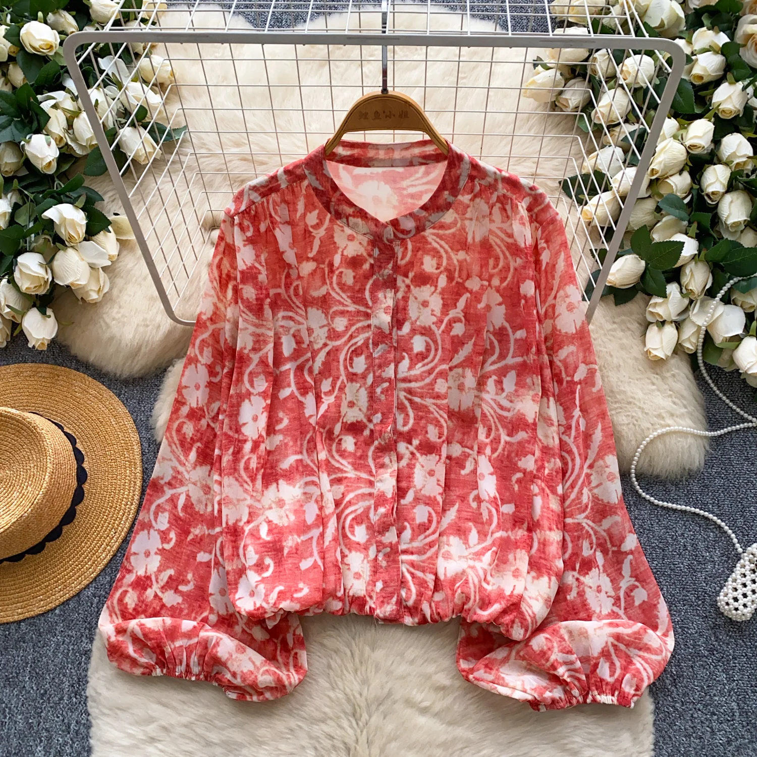 French Style Vintage Royal Style Floral Print Shirt Autumn New Casual Loose Coats Good-looking Lantern Sleeve Chiffon Shirt