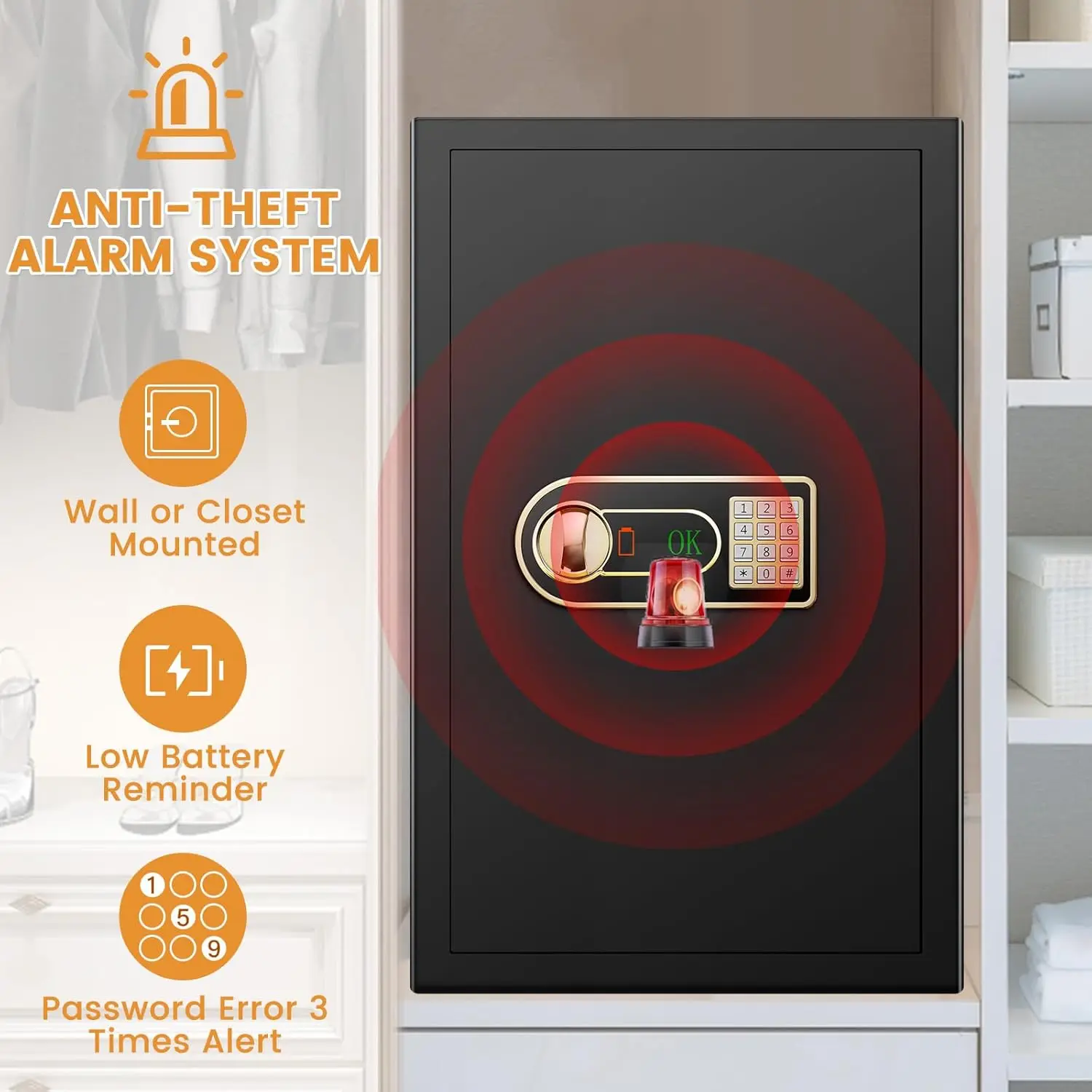 6.0 Cuft Large Fireproof Safe, Home Safes Water and Fireproof, Digital Security Safe Box With Backup Keys, 3 Removable Shelves,