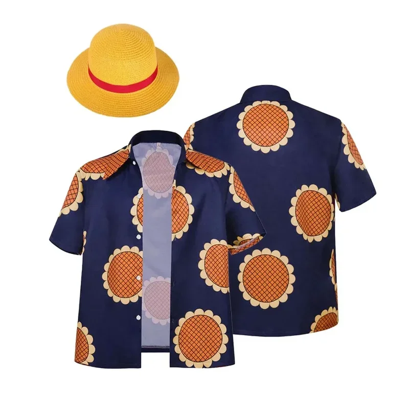 FC6Anime Monkey D Luffy Short Sleeve Shirt Top Cosplay Costume + Luffy Straw Hat Sunflower Casual Summer Beach Overshirt@FC8！