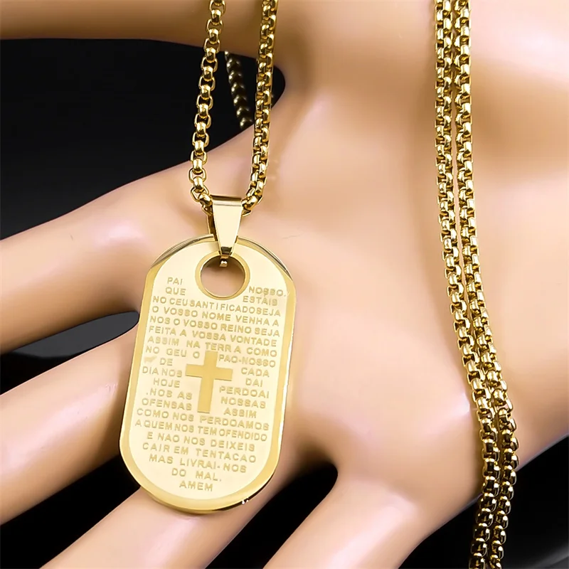 Christian Lord's Prayer Our Father Pendant Necklace  Women Men Stainless Steel Portuguese Bible Scripture Chain Jewelry NZZZ497 view 5