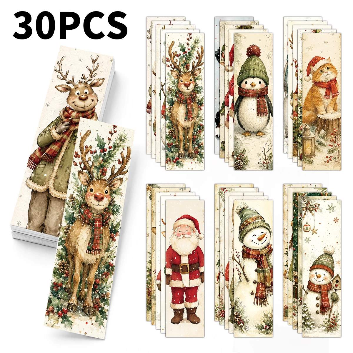 30pcs Christmas Winter Elements Illustrated Bookmarks,Page Marker Cards Accessories,Readers Christmas Gift,Holiday Party Favors