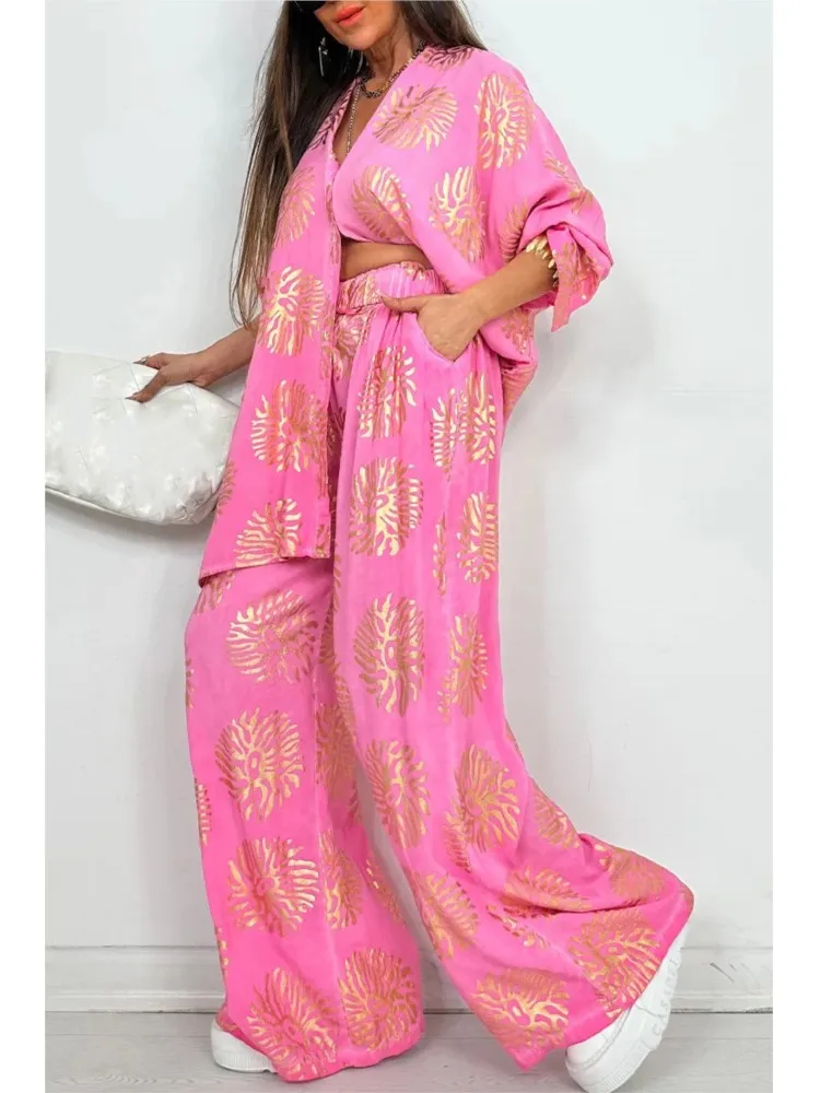 

Casual Women Print Shirt Pants Sets Lapel Long Sleeves Top High Elastic Waist Wide-leg Pant Suit Female Two Piece Set Outfits