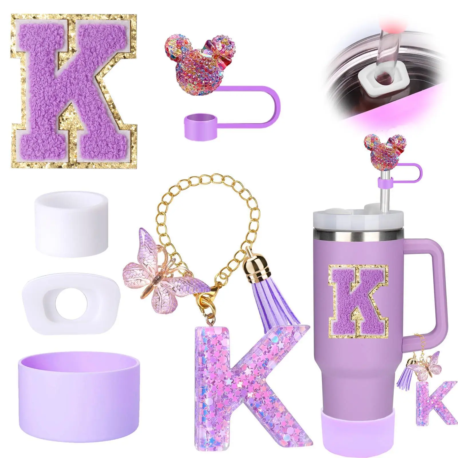 New purple 6-piece resin Stanley cup accessories cartoon Etsy letter chain decoration straw cap cup holder images - 6