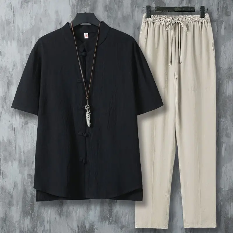 Conjunto de camisa de lino de estilo étnico para hombre, conjunto informal de manga corta con cuello chino tradicional, ropa informal holgada de verano para hombre