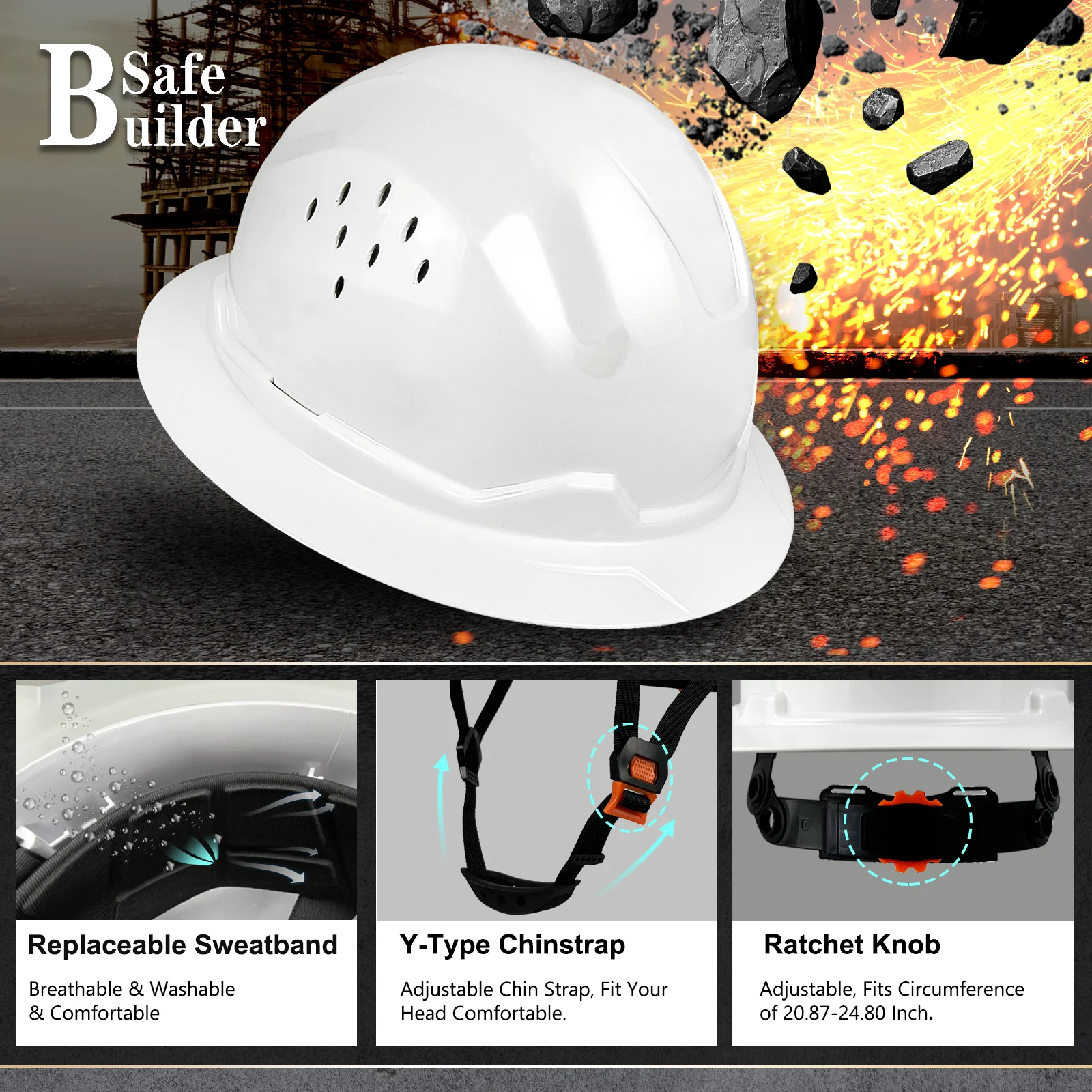 Full Birm Hard Hat for Engineer ABS Safety Helmet, Sunshade Reflective, ANSI Z89.1 Vented Work Caps, Industrial & Construction