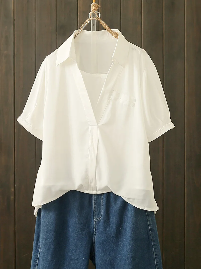 

Summer plus Size 200 Pounds Women's Loose Slimming Design Short Sleeve Shirt with Small Vest Casual Style Polyester Fiber