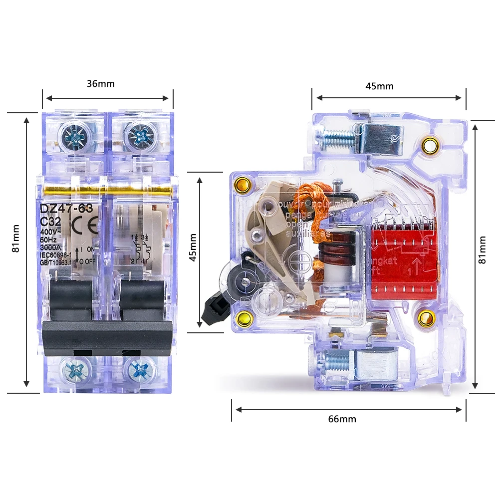 DZ47-63 Transparante MCB 1P/2P/3P/4P 32A DIN Rail Miniatuur Stroomonderbreker 230/400V Kortsluiting & Overbelastingsbeveiliging voor Thuis