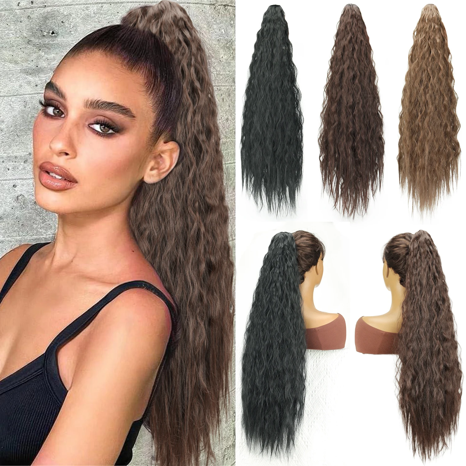 

30Inch Synthetic Claw Clip Long Curly Ponytail Black Brown Corn Wavy Ponytail Hair Extension Suitable For Women Daily Gatherings
