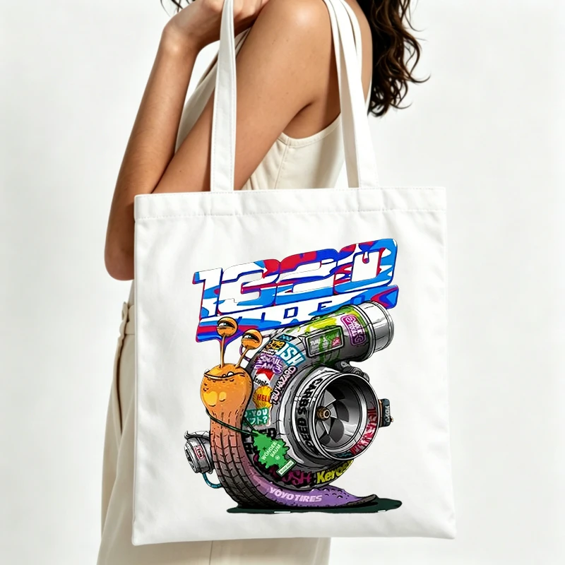canvas tote bag with snail and typography print, streetwear style for daily shopping and casual outings