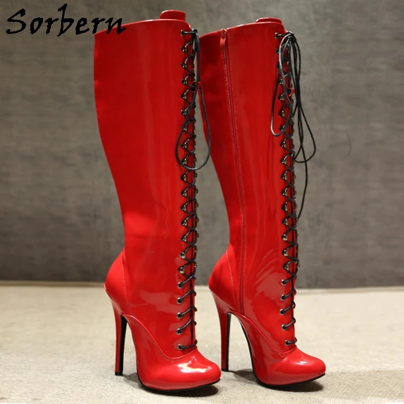 Sorbern Pink Shiny Burlesque High Heels Boots Women Retro Fetish Stilettos Cute Round Toe Lace Up Sissy Boy Hard Shaft Custom