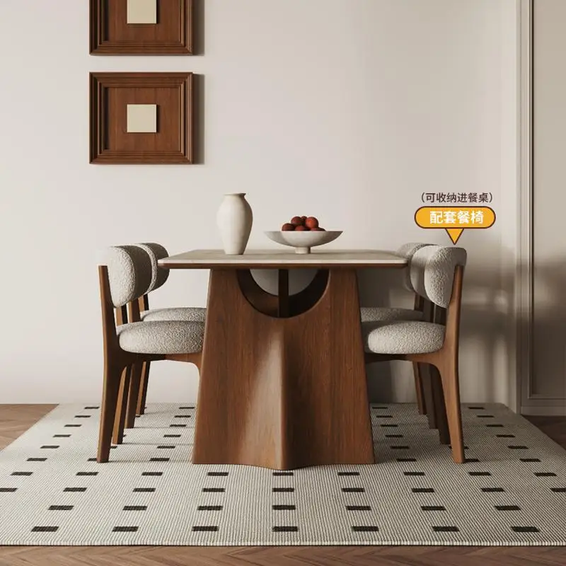 Stone slab dining table Small household modern simple French wabi style rectangular walnut dining table