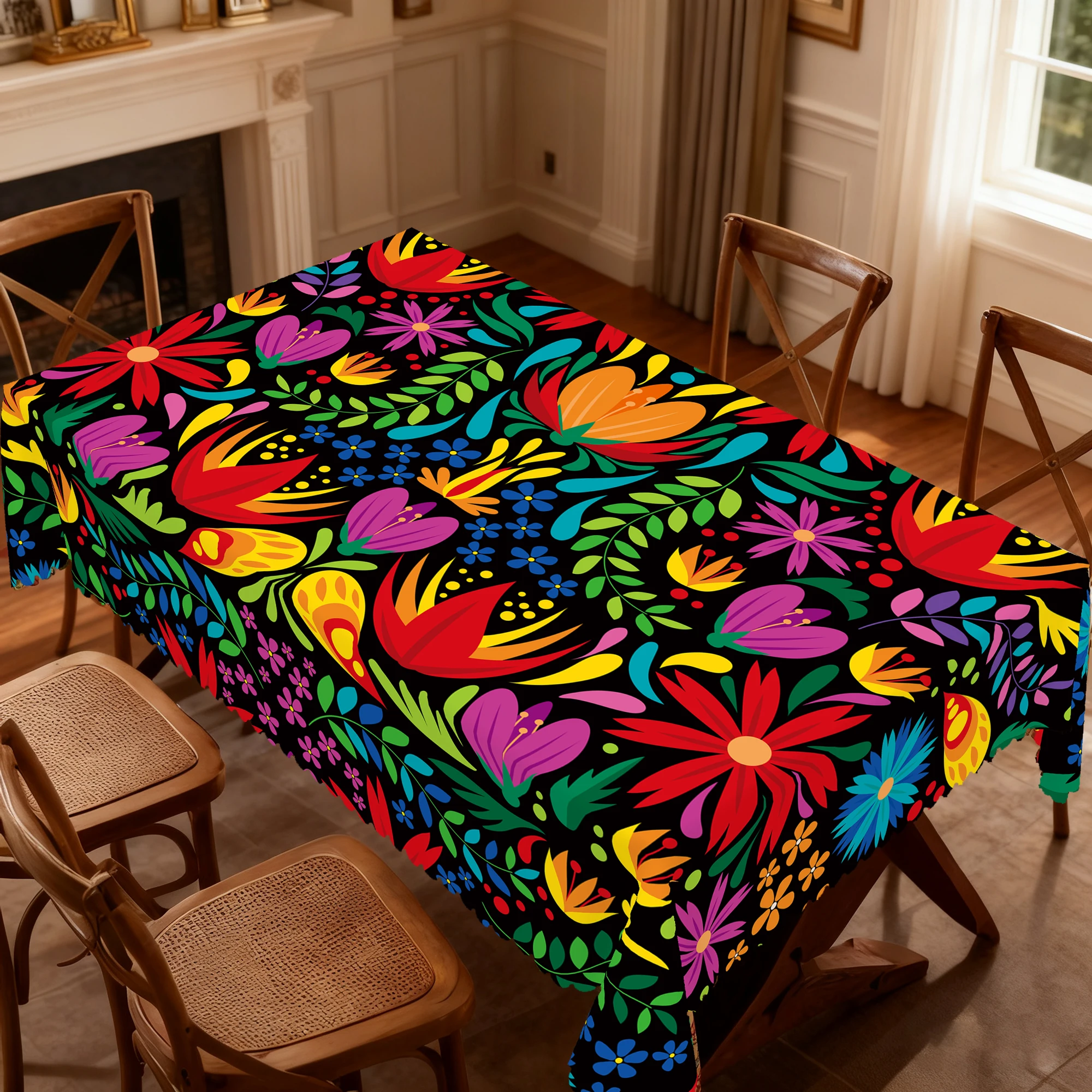 1 Piece of Mexican Carnival Celebration Tablecloth, Vibrant Mexican Floral Design, Suitable for Mexican Day of the Dead, Cinco De Mayo Parties, Camping Picnics, Garden Bbqs, Party Decorations, Kitchen Accessories, Tablecloth for Indoor and Outdoor Use in Restaurants and Patios, Perfect Gift for Friends, Round and Rectangular Tablecloths, Available in Various Sizes