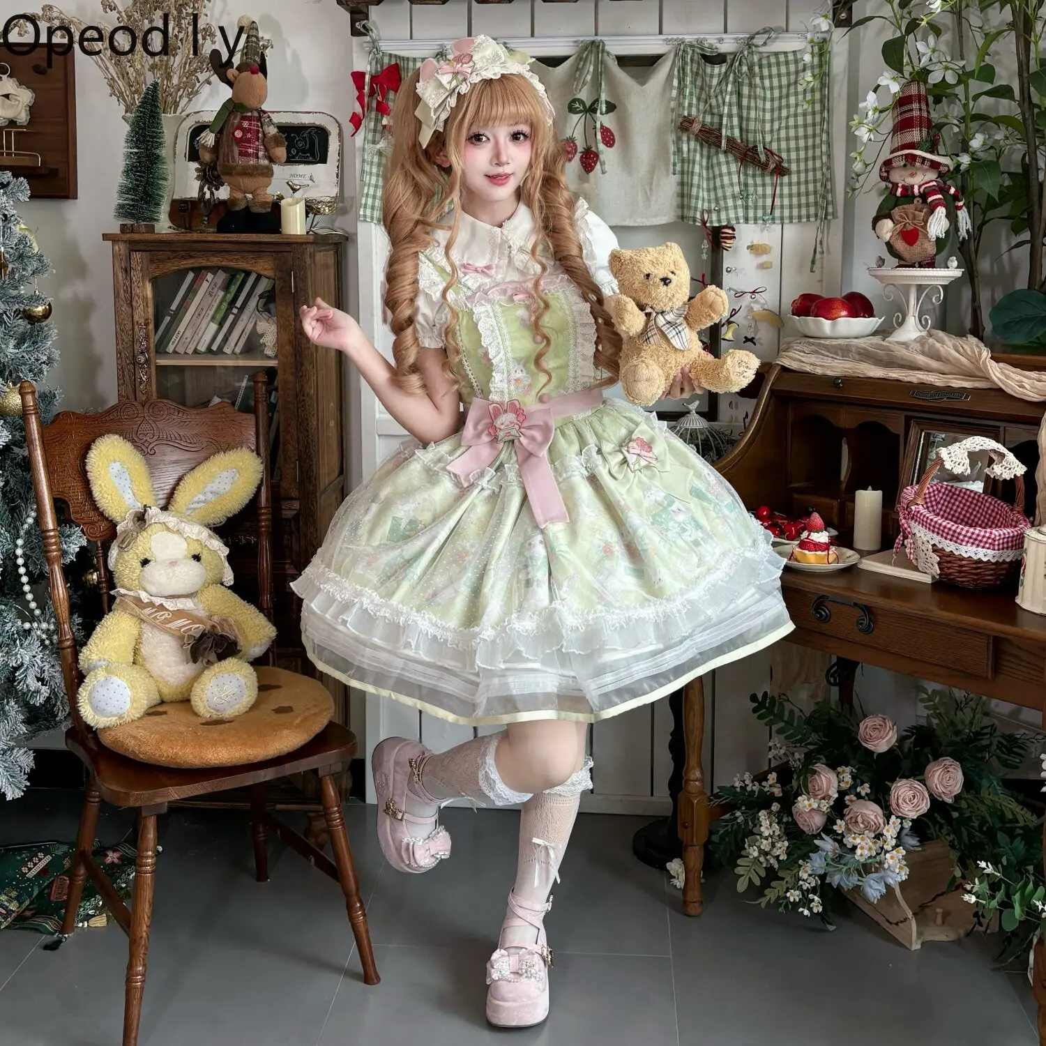 

Lolita Sweet Lace Princess Dress 2026 Spring and Summer New Cute Girl Bow High Waist Temperament Fluffy Jsk Dress for Women