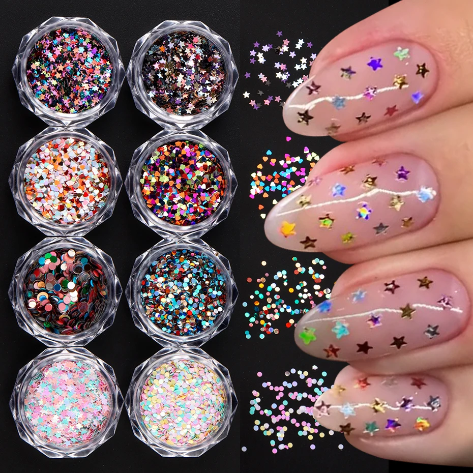 8pcs Mini Heart Star Dot Round Nail Art Sequins Mix Holographic Nail Glitter Flakes Kawaii Charms Nail Art Decorations Manicure