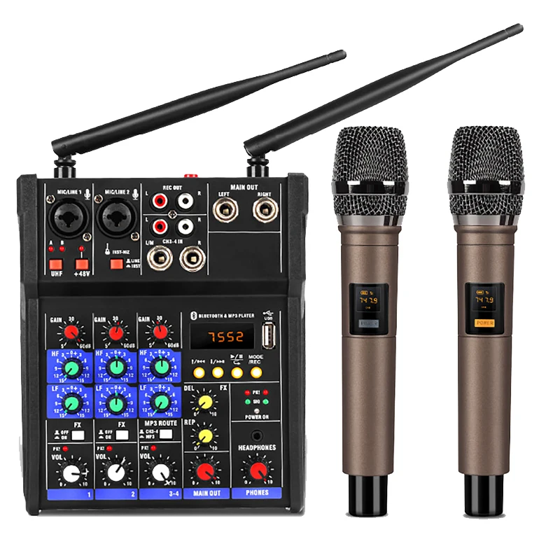 

Professional Audio Mixer Set 4-Channel Wireless Microphone Studio Sound Mixers with Bluetooth REC DJ Console Mixing for Karaoke