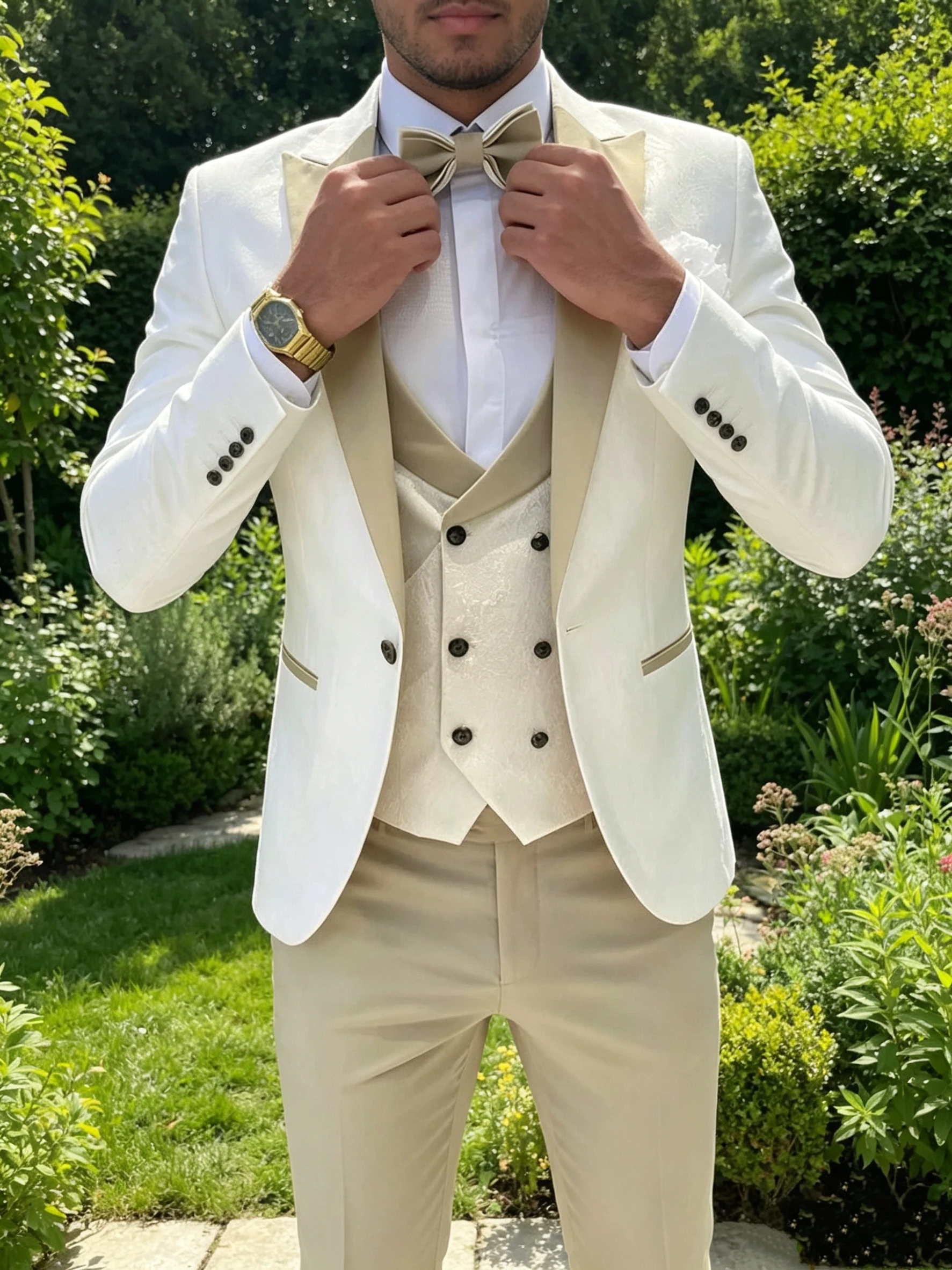 

Jacquard 3 Piece Wedding Men's Tuxedo Slim Fit Peak Lapel Blazer Vests Pants Set Business Prom Party Set Men's Formal Clothes
